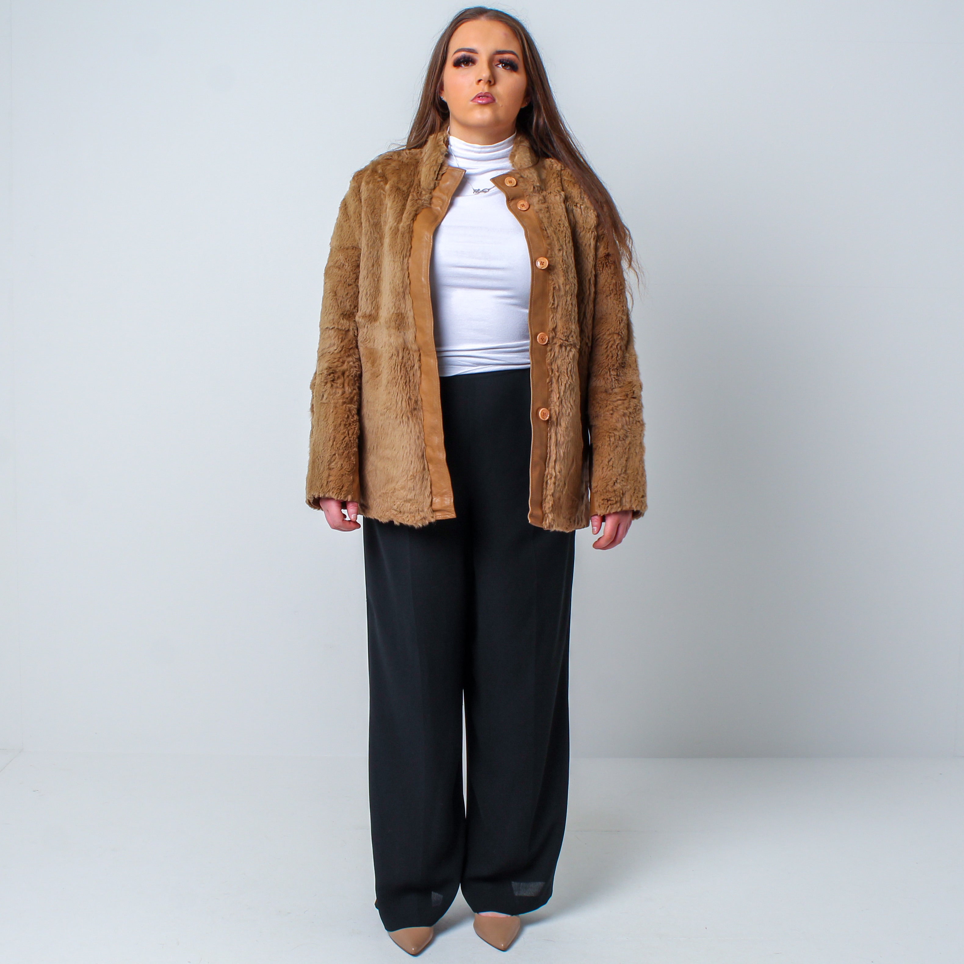 Women’s Vintage Real Rabbit Fur Coat With Leather Linings UK 12-16