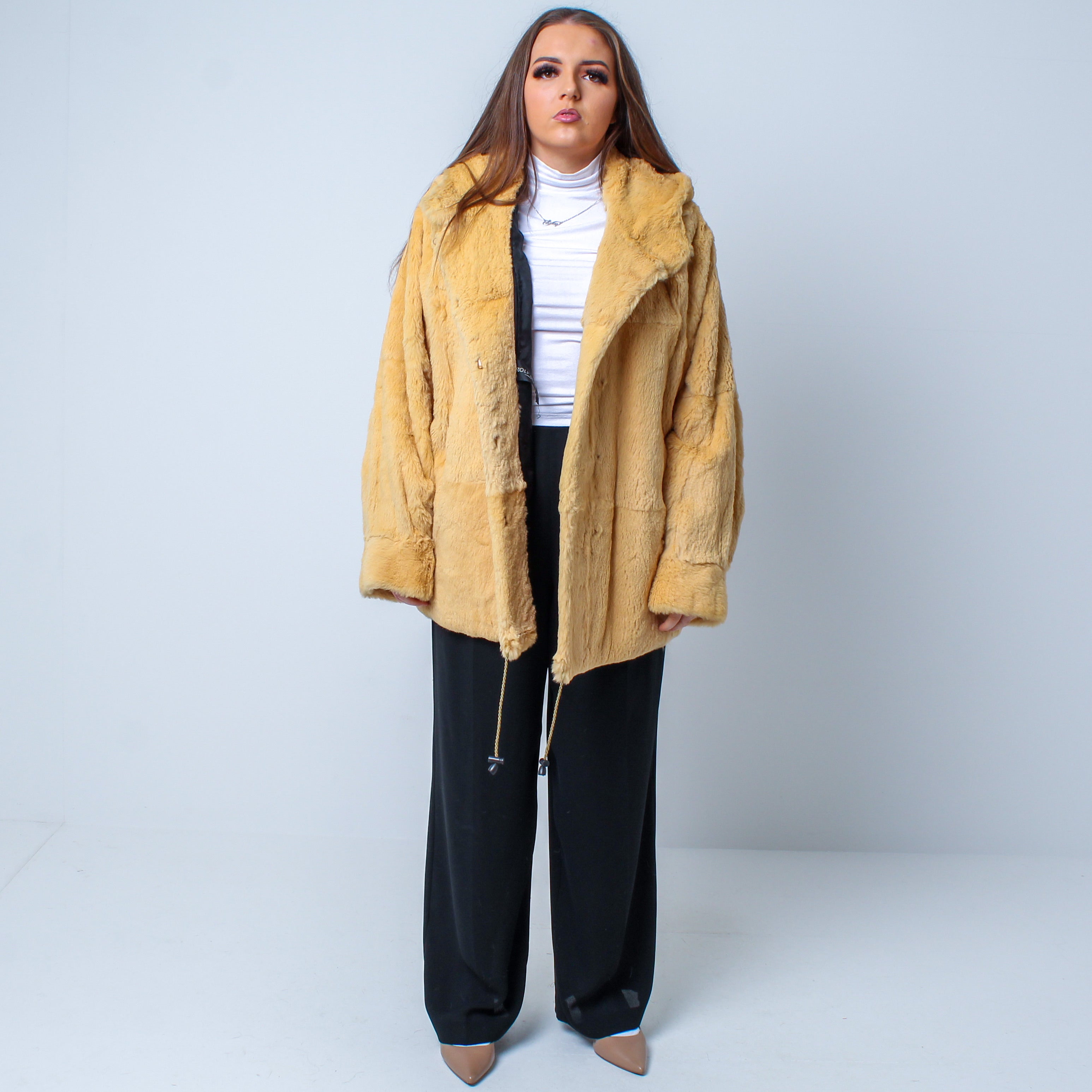 Women’s Vintage Real Natural Rabbit Hooded Fur Coat Size: Large/XL UK 12-16