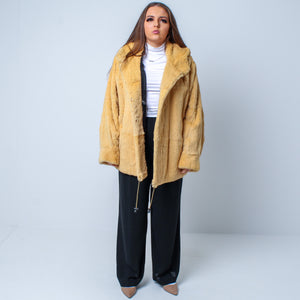 Women’s Vintage Real Natural Rabbit Hooded Fur Coat Size: Large/XL UK 12-16
