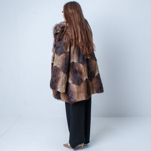 Women’s Vintage Real Natural Rabbit Fur Coat With Fox Fur Collar UK 12-16