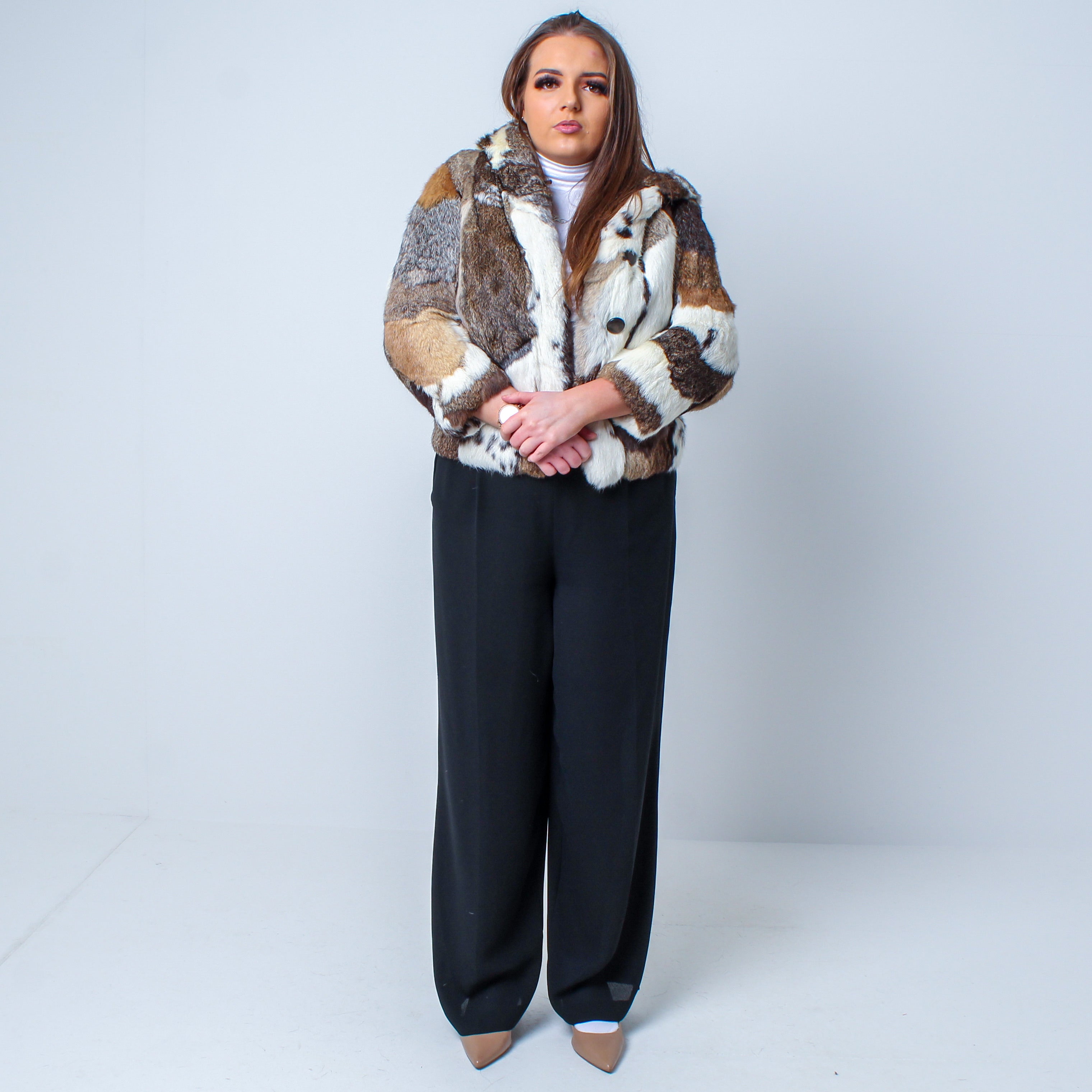 Women’s Vintage Real Natural Rabbit Fur Hooded Coat Size: Small-Medium UK 10-14