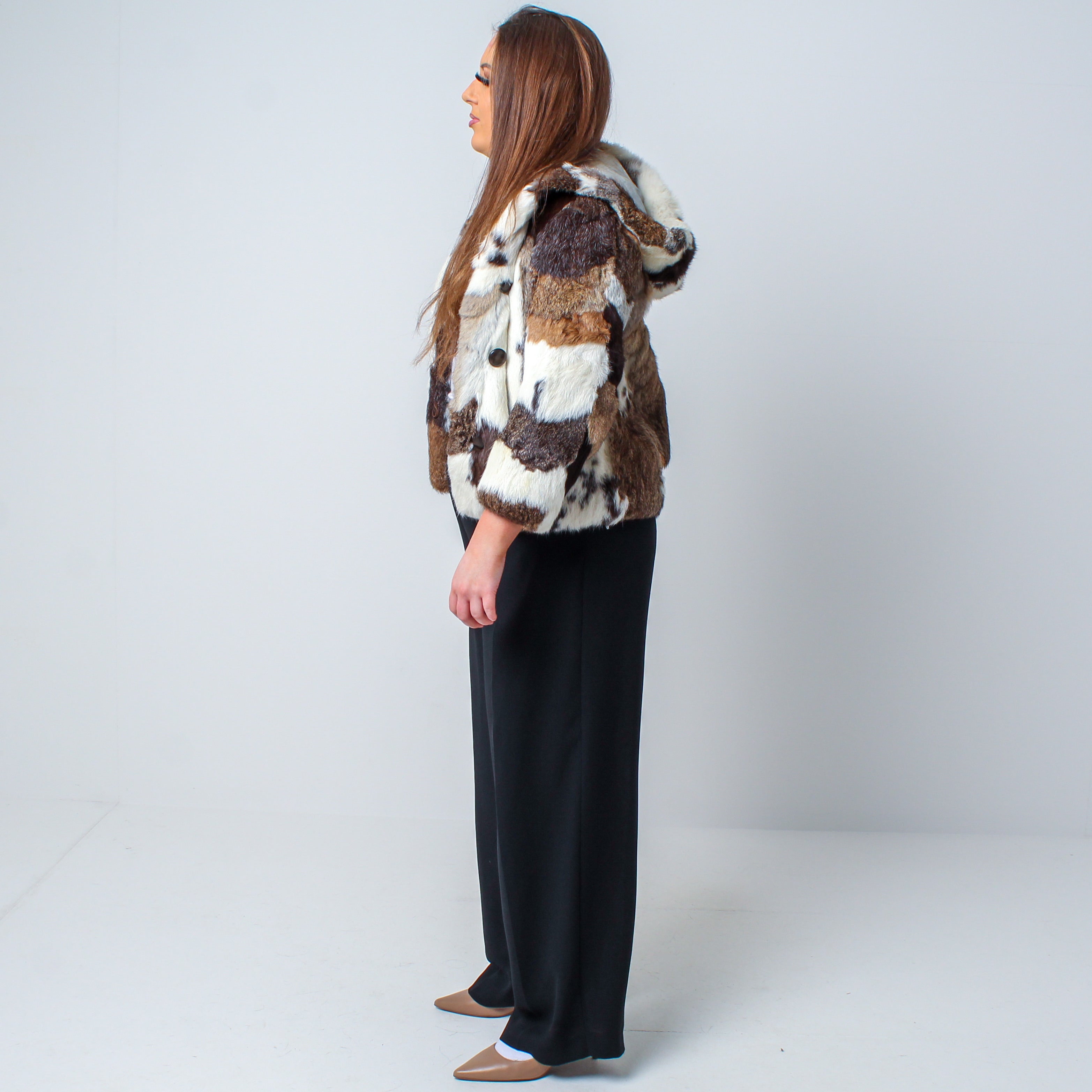 Women’s Vintage Real Natural Rabbit Fur Hooded Coat Size: Small-Medium UK 10-14