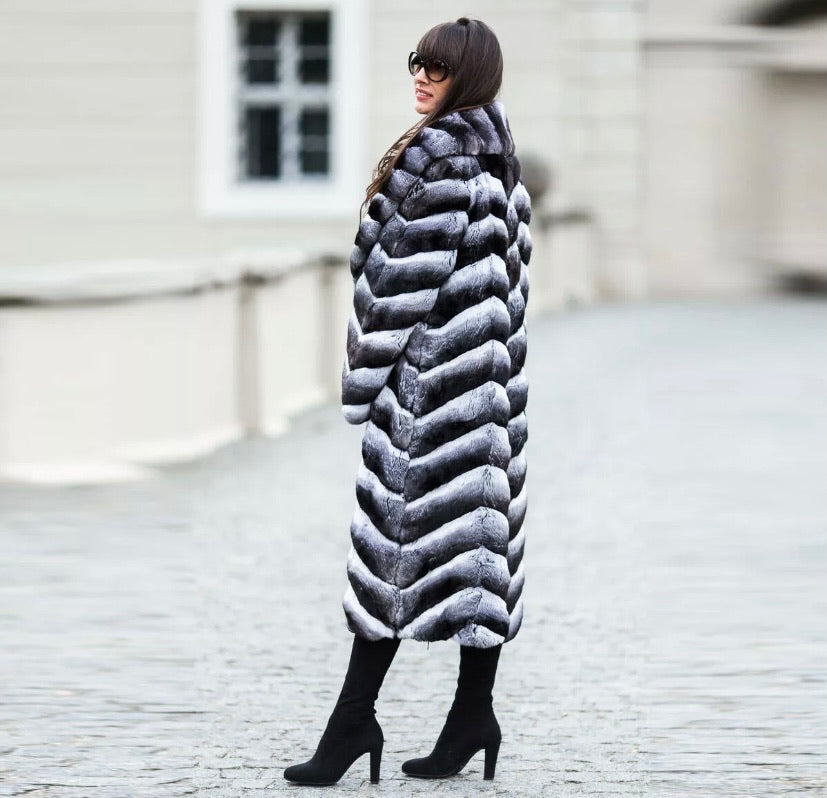 Women’s Full Long Length Luxury SAGA Vintage Real Ranch Chinchilla Rex Fur Coat Sizes Available: Small-6XL