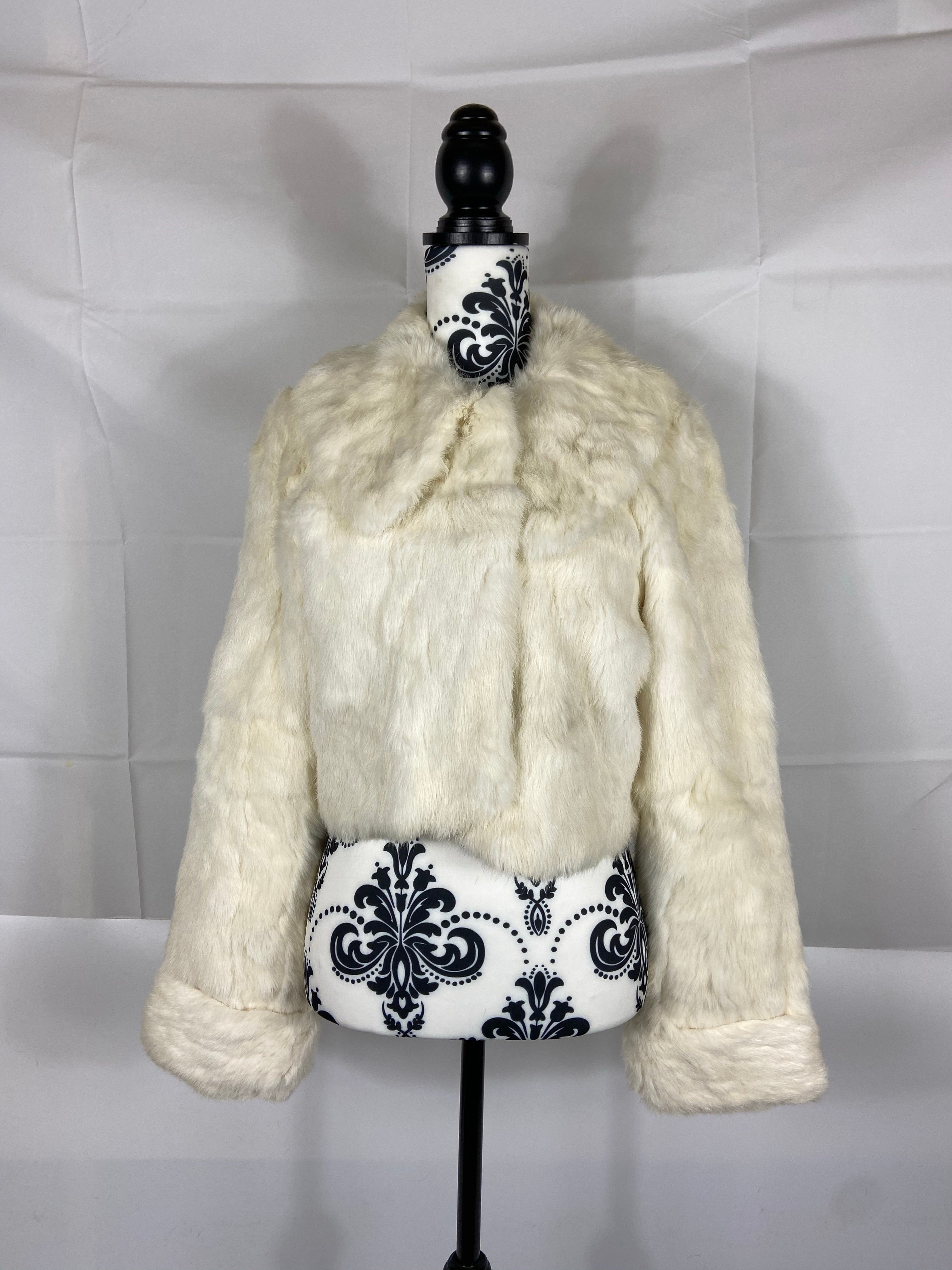 White Rabbit Fur Jacket with Fox Collar - Size S