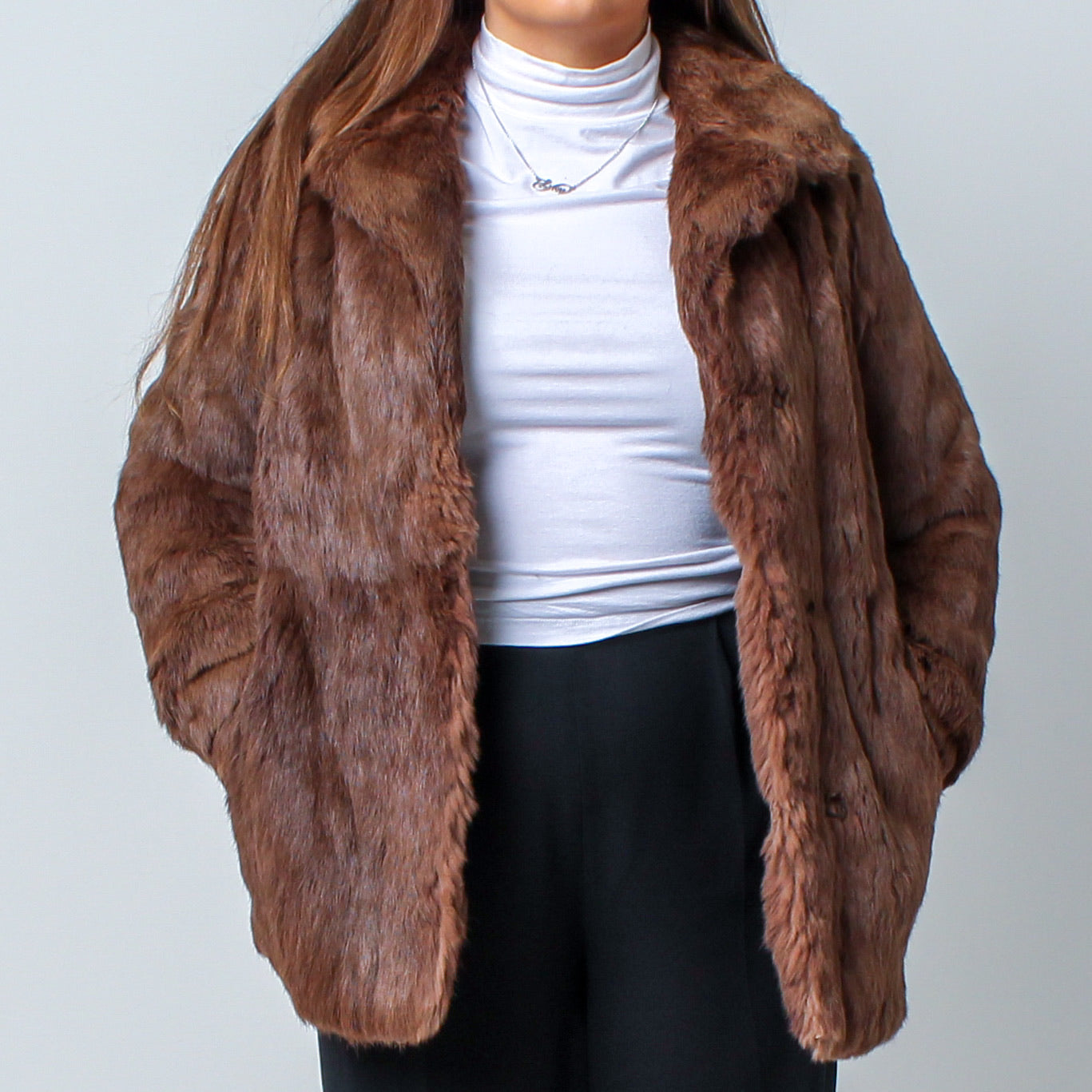 Women’s Vintage Real Natural Brown Rabbit Fur Coat UK 12-16
