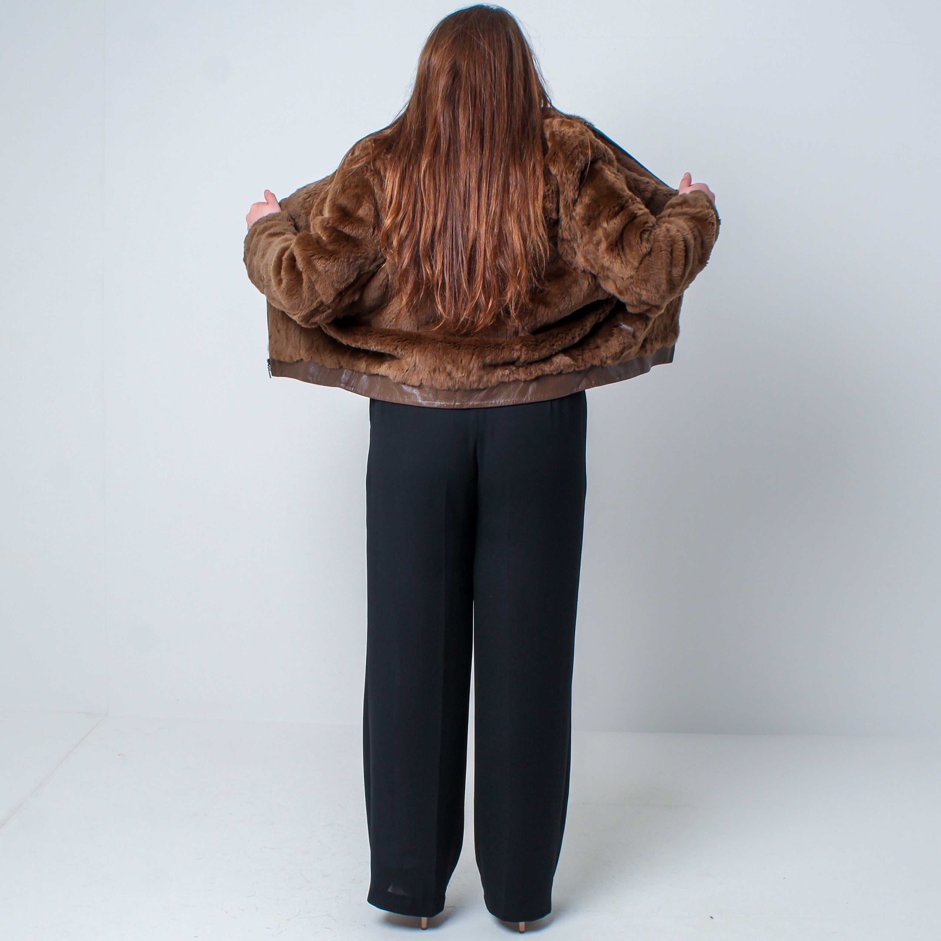 Women’s Vintage Real Natural Rabbit & Leather Fur Coat Size: Medium-Large UK 12-16